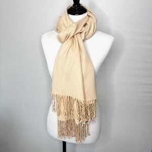 Pashmina Cashmere Silk Blend Scarf Shawl Beige Fringe Tassels Made in Turkey